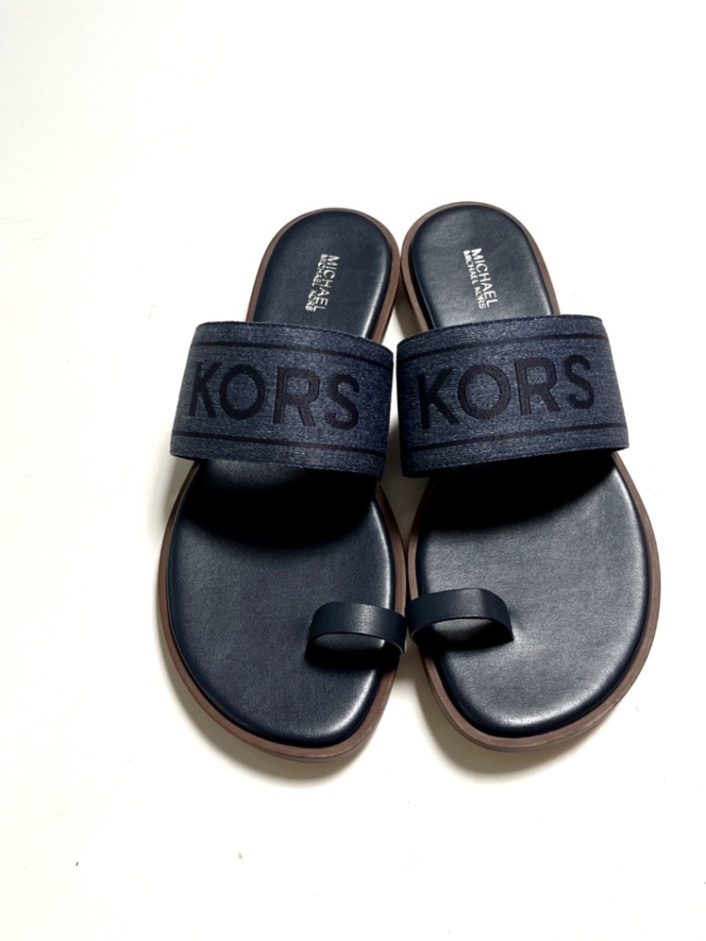 Michael Kors Toe Ring Slide Sandals Navy Blue Logo Flat Slides Size 10 NWOB - Picture 5 of 9